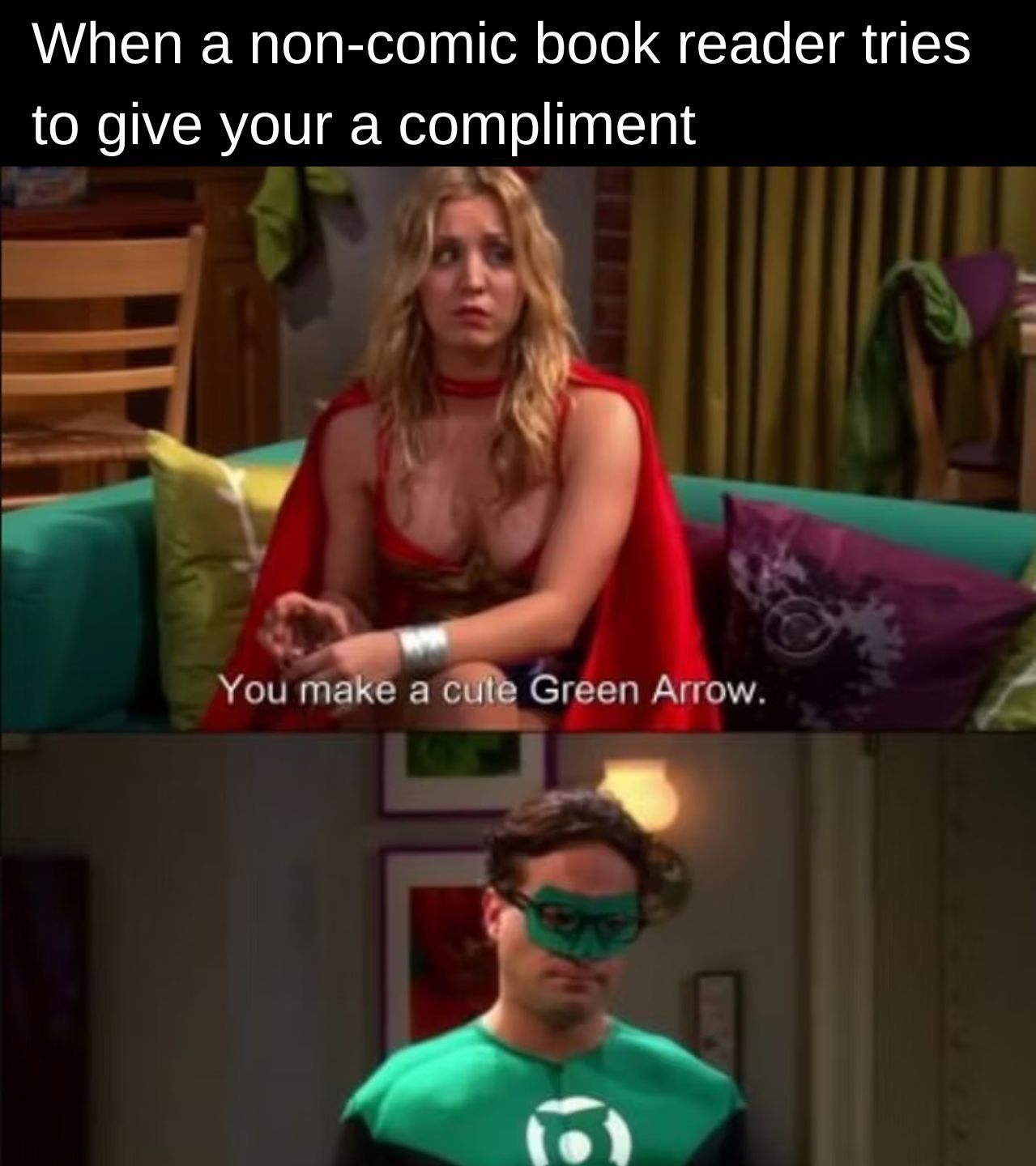 Meme featuring Penny looking at Sheldon, both dressed in superhero costumes-1